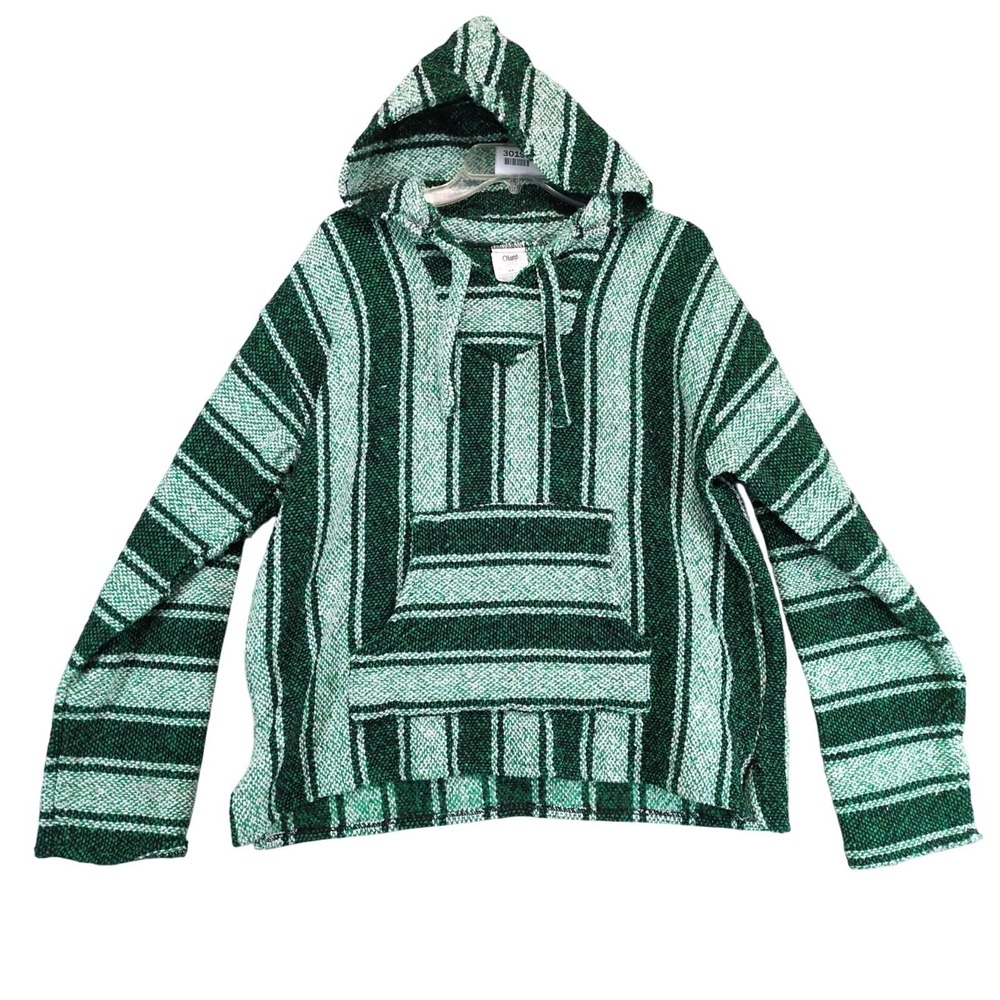 Oland Baja Hoodie Mens M Green Striped Pullover Hooded Pocket Made Mexico Hippie